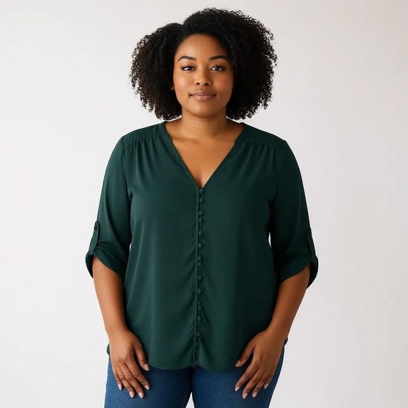 TORRID 00 0X XL Dark Green Harper Blouse Button Front Style R $49 - Picture 1 of 4